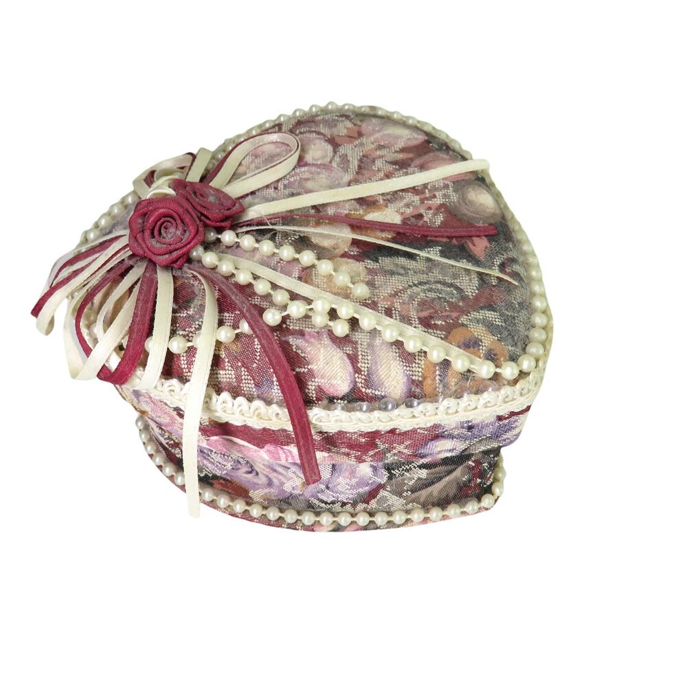 1980s Vintage Handmade Grandmacore Heart Shaped Jewelry Box with Pearls